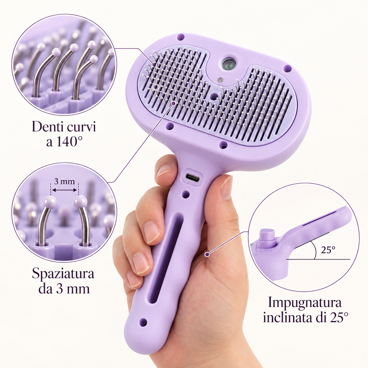Dettagli tecnici: denti curvi 140 gradi, spaziatura 3 mm, impugnatura 25 gradi