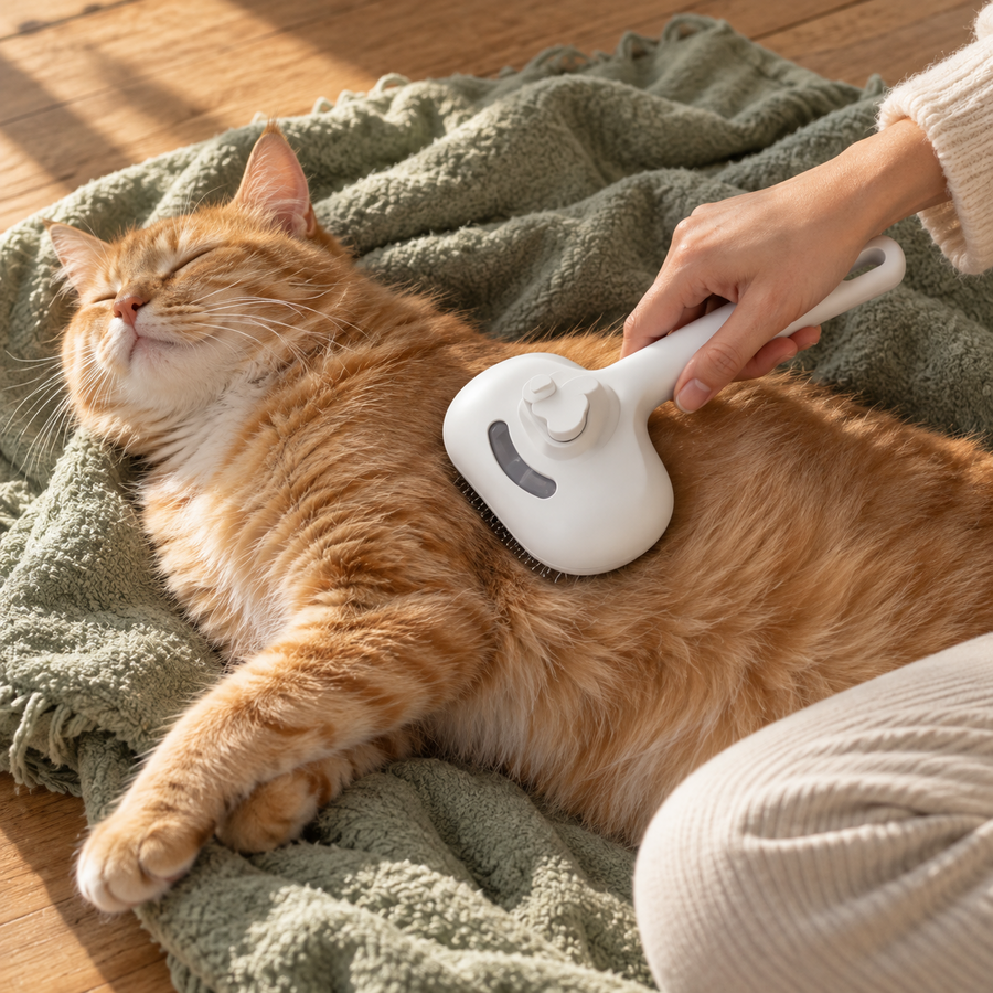Foto cliente: gatto arancione rilassato durante la spazzolatura